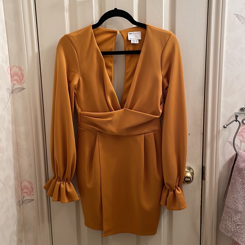 ASOS Design Petite Wrap Plunge Mini Dress with Flute Sleeve in Mustard - Picture 6 of 9